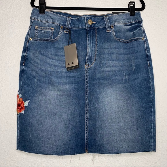 Seven7 Denim Skirt Embroidered Raw Hem Skirt - Picture 2 of 13